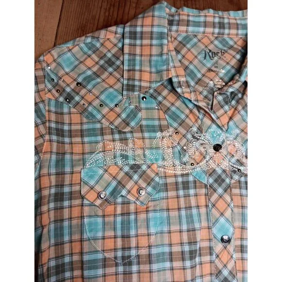 Wrangler Rock 47 Womens L Shirt Plaid Rhinestone Snap Front Embroidered Cotton - Picture 3 of 9